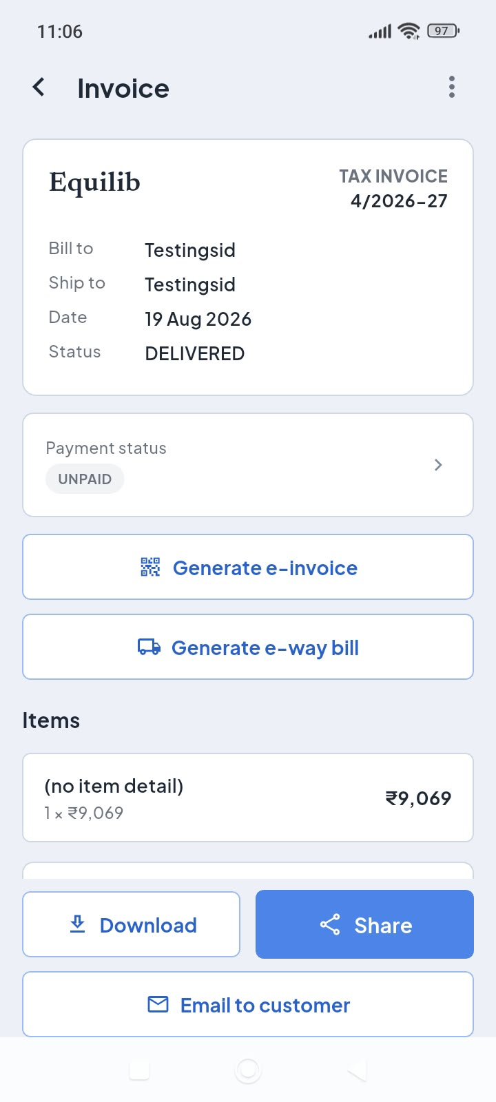 JPI Suite inventory mobile invoice screen
