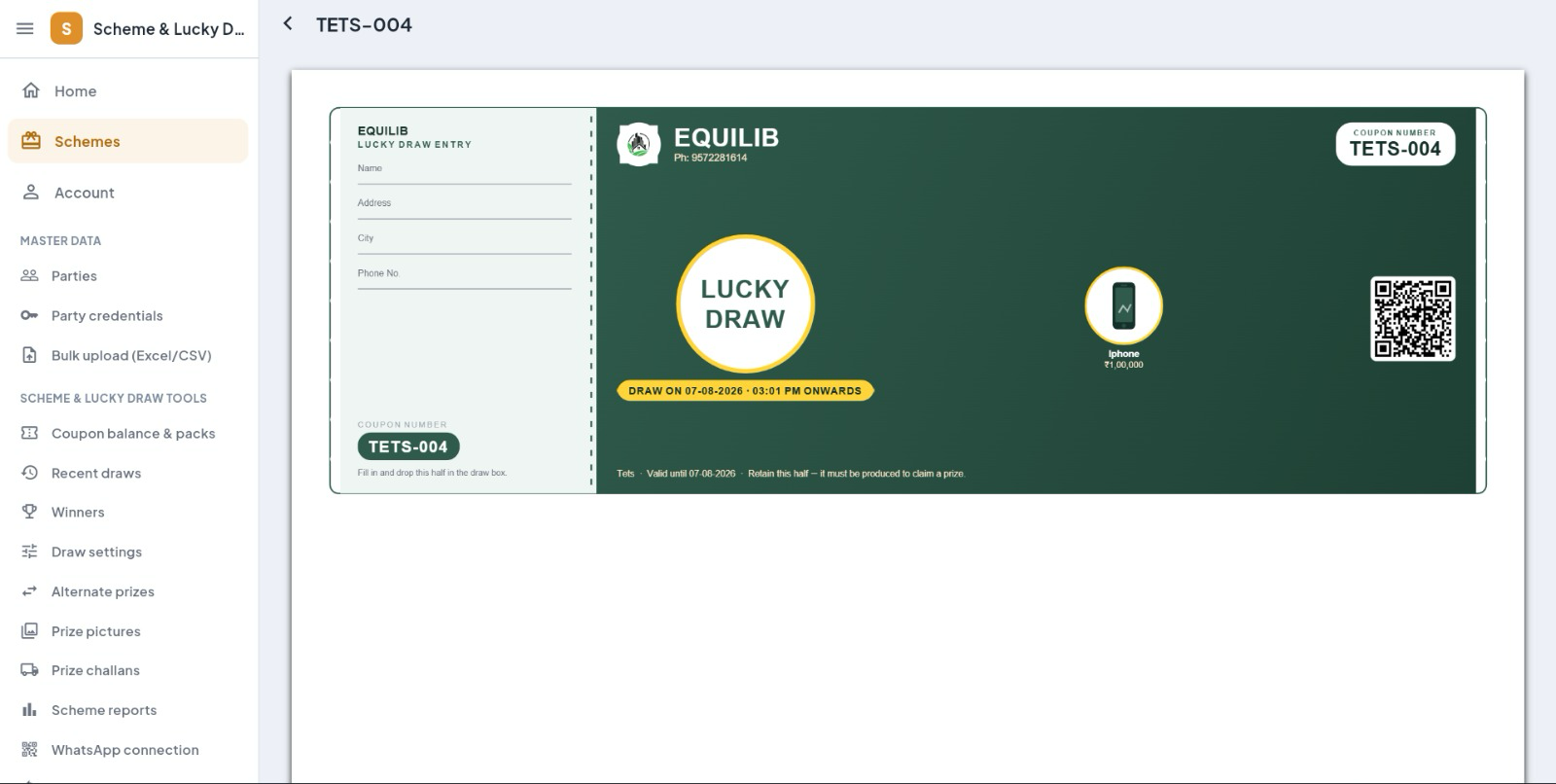 JPI Suite Lucky Draw desktop coupon detail screen