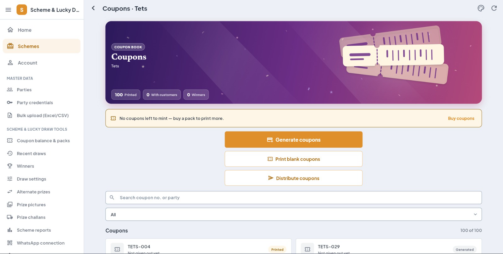 JPI Suite Lucky Draw desktop coupons screen