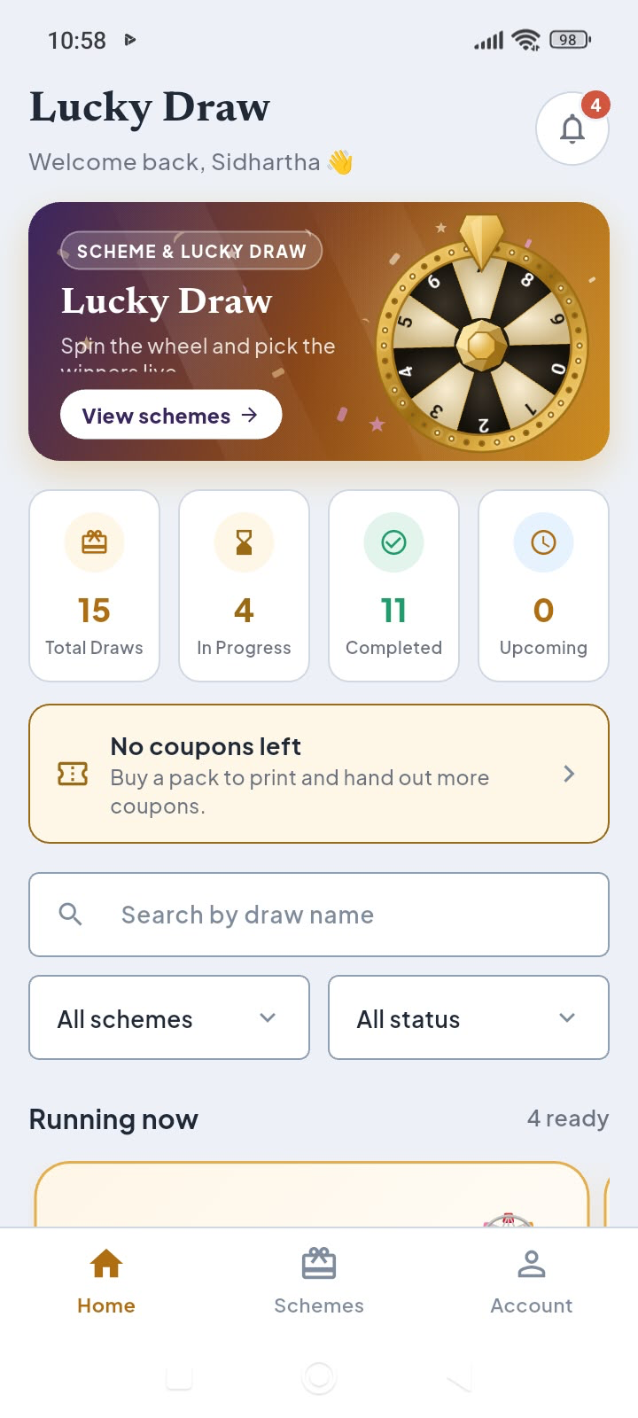 JPI Suite Lucky Draw mobile home dashboard