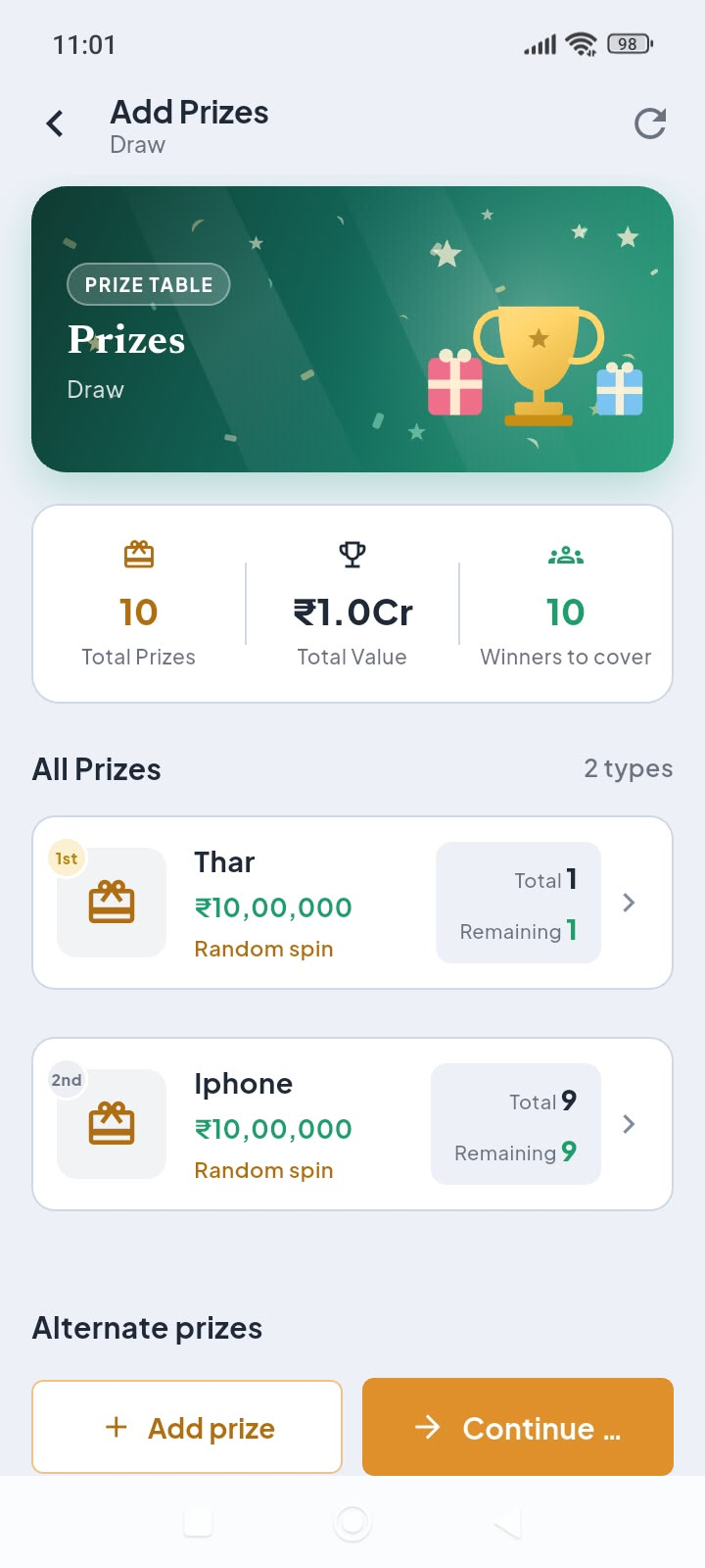 JPI Suite Lucky Draw mobile prizes screen